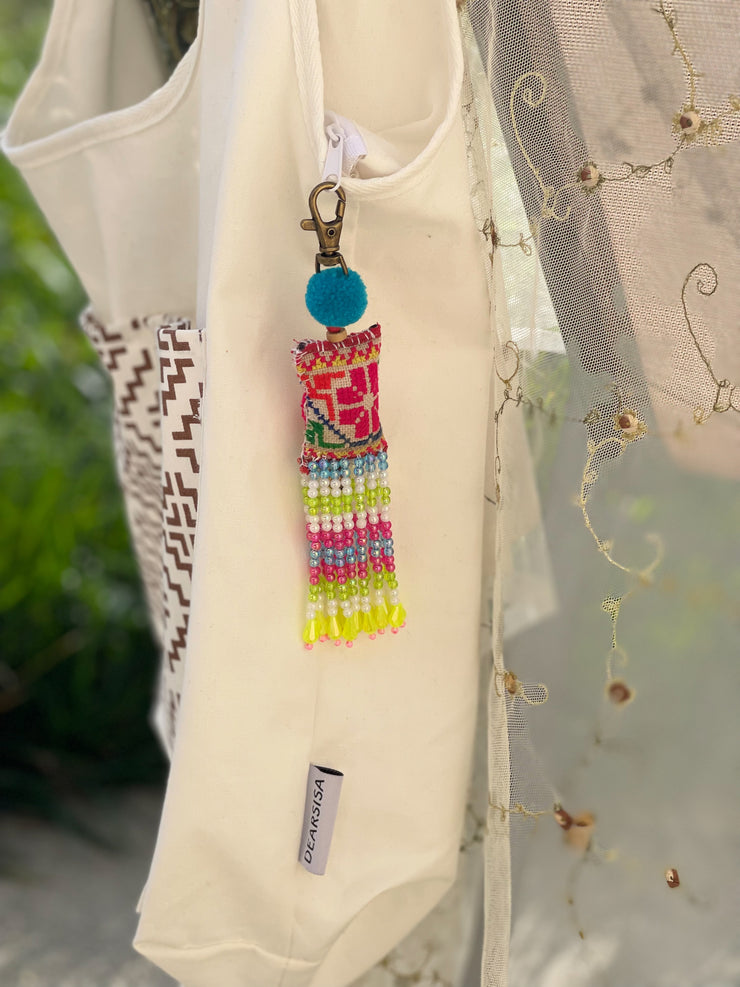 Blue Pompom Beadwork Keychains
