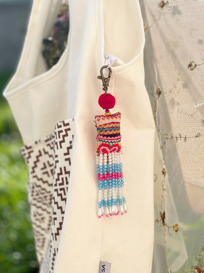 Red Pompom Beadwork Keychains