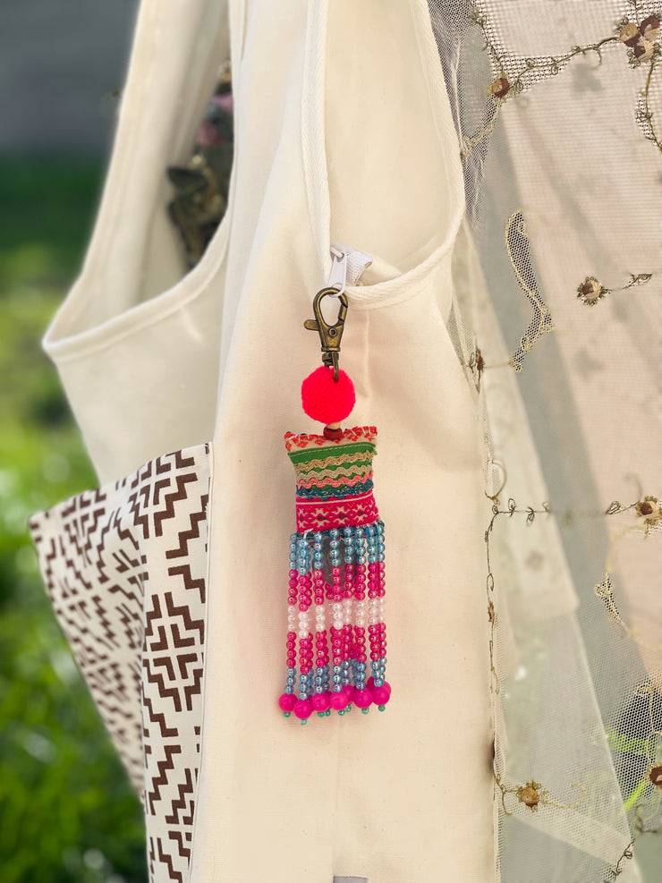 Pink Pompom Beadwork Keychains