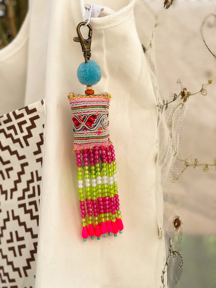 Blue Pompom Beadwork Keychains
